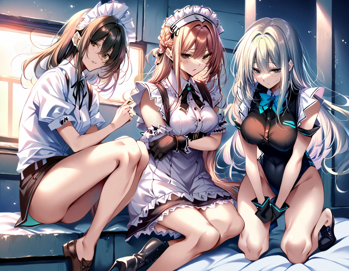 12k,(Perfect Anatomy:1.2, Highest quality),(Maid leotard details:2.0),(Three Girls:1.2),,Long Hair:1.5, (Short sleeve, Thighs,Maid Cufflinks),,(High heel lace-up boots:1.4), (Without skirt:3.0),Dark aura,Leotrad,,Audience Recruitment,(at a research facility:1.2),(whole body:1.4),Fighting Pose,