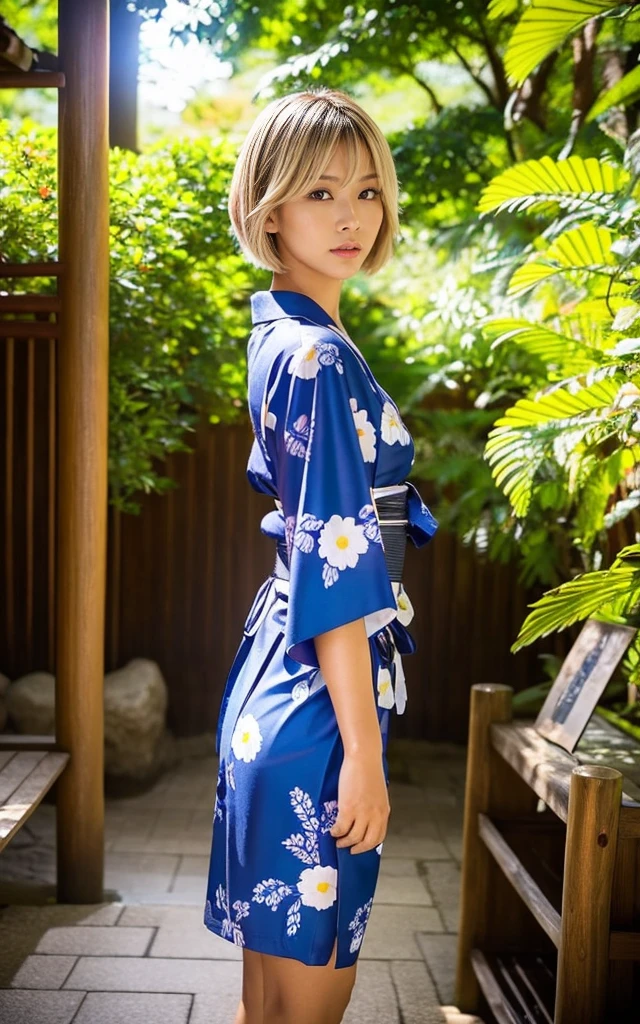 ass, gyaru, dark-skinned, shiny oiled skin, blond hair, short cut hair, wearing vivid yukata, standing in the japanese shrine, sunshine, blue sky, at summer, cinematic lighting, in the summer