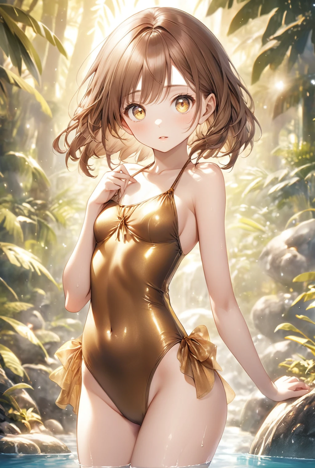 (Highest quality, 8k, 32K, masterpiece, Ultra-high resolution,:1.2),born, One girl,Super cute , Natural light,透明にShining Eyes, 20-year-old ,Fair skin, Brown Haired Girl, Wearing a swimsuit, Sexy pose,Fantasy Background, clear, Shining Eyes,