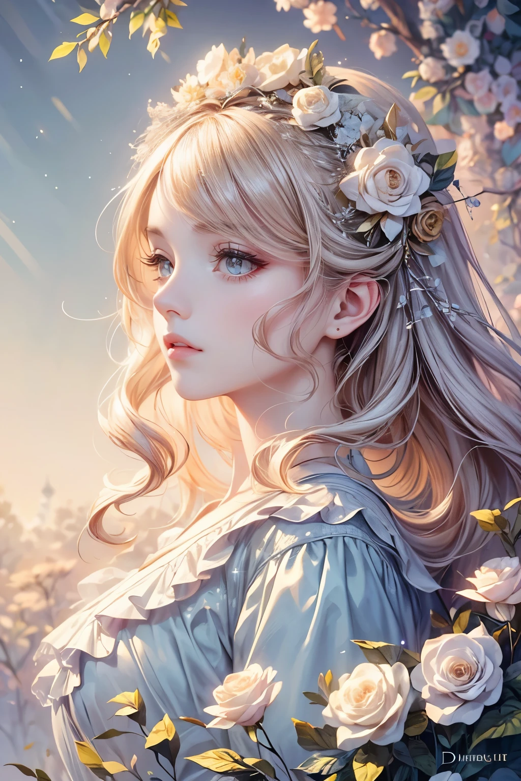 a  girl in a floral forest, exquisite facial features, elegant long wavy hair, almond-shaped big eyes, detailed eye makeup, long eyelashes, sparkling stars, delicate lips details, soft style, (best quality,8k,cg),highly detailed portrait,photorealistic,cinematic lighting,dramatic shadows,muted color palette,fantasy,dreamlike