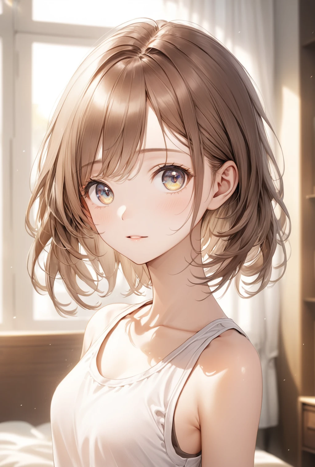 (Highest quality, 8k, 32K, masterpiece, Ultra-high resolution,:1.2),born, One girl,Super cute , Natural light,Clear, shining eyes, 20-year-old ,Fair skin, Brown Haired Girl, Tank top