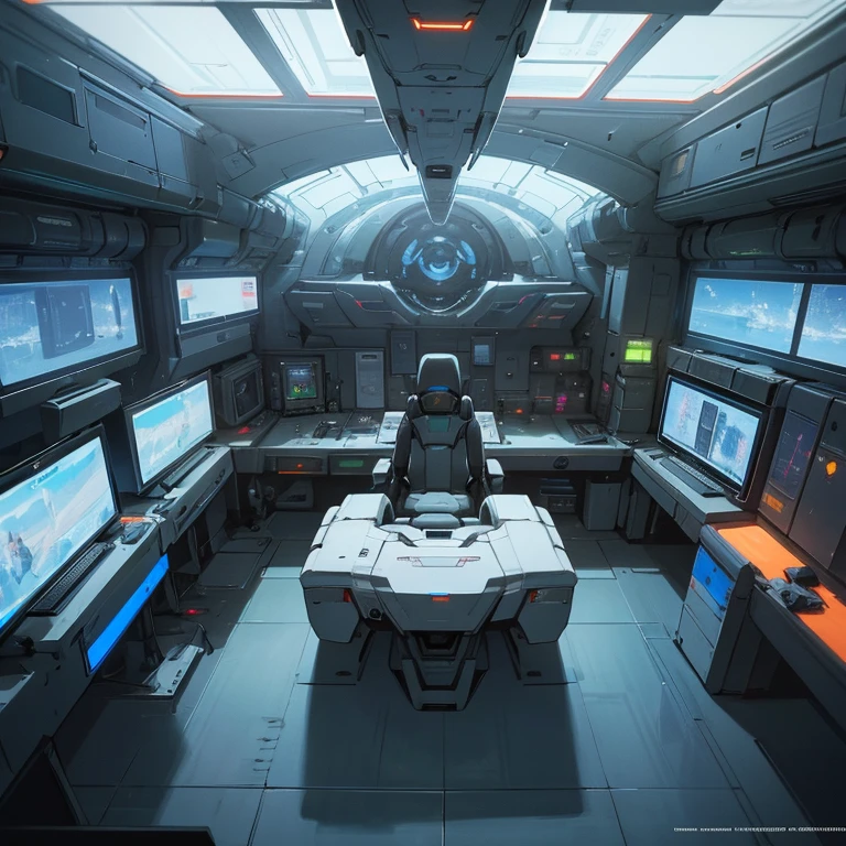 Aerial view of a futuristic space station with a computer desk., Inside a futuristic military base, interior of the space station, science fiction interior, High-tech spaceship interior., science fiction room, futuristic laboratory, science fiction setting, detailed Spaceship interior, Inside a spaceship, futuristic scientific laboratory, Mass Effect Artifacts, resident evil virus concept art, Spaceship interior, science fiction setting