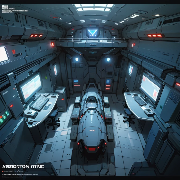 Aerial view of a futuristic space station with a computer desk., Inside a futuristic military base, interior of the space station, science fiction interior, High-tech spaceship interior., science fiction room, futuristic laboratory, science fiction setting, detailed Spaceship interior, Inside a spaceship, futuristic scientific laboratory, Mass Effect Artifacts, resident evil virus concept art, Spaceship interior, science fiction setting