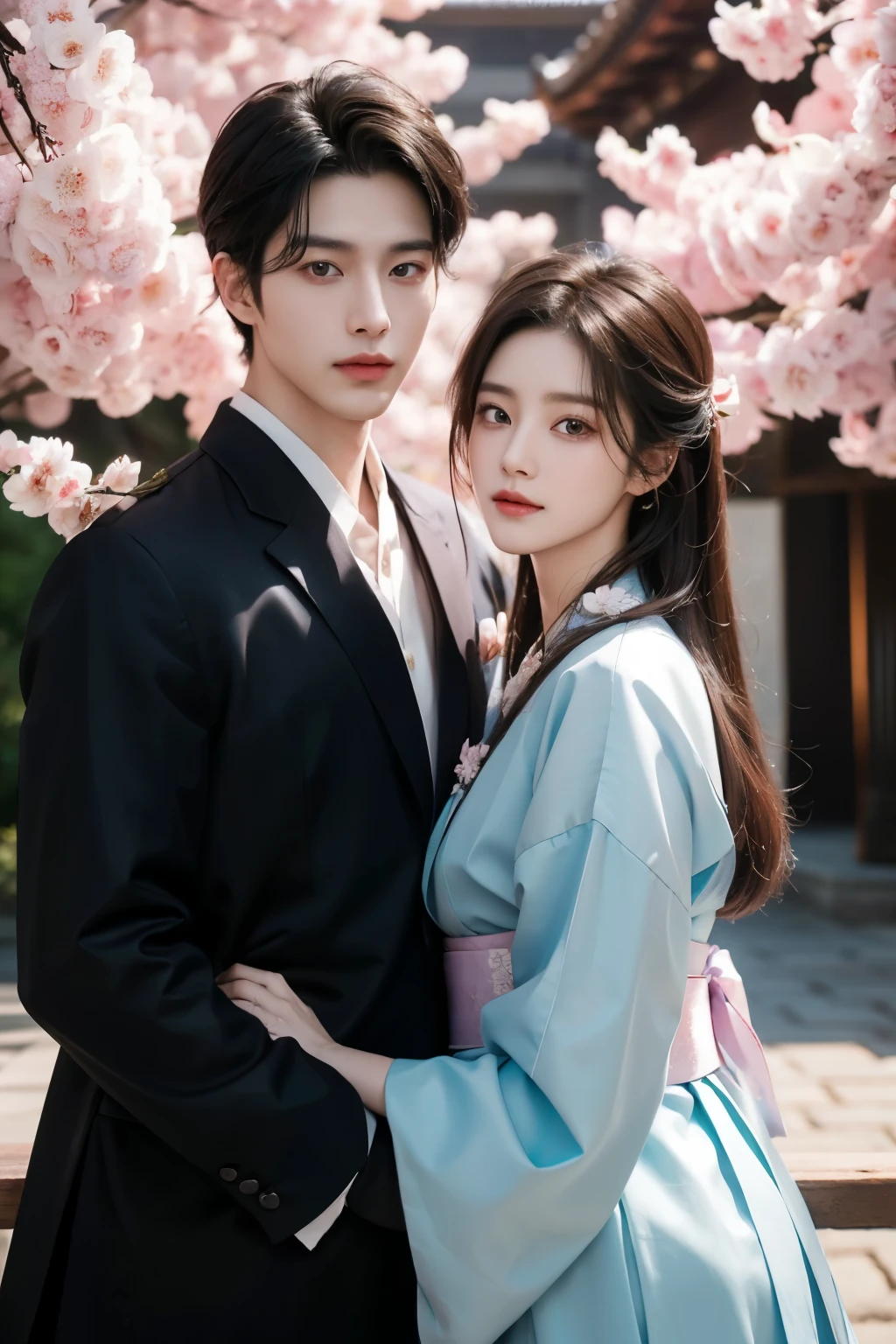 Best couple photoshoot. Wearing Hanbok Korean. Elegant couple, masculie man and beautiful girl. Dark hair color. Very detailed face. pretty eyes (perfect eyes, perfect face). 8K resolution. Masterpiece. Romantic, love, glowing light. Look at the viewer. Petals.