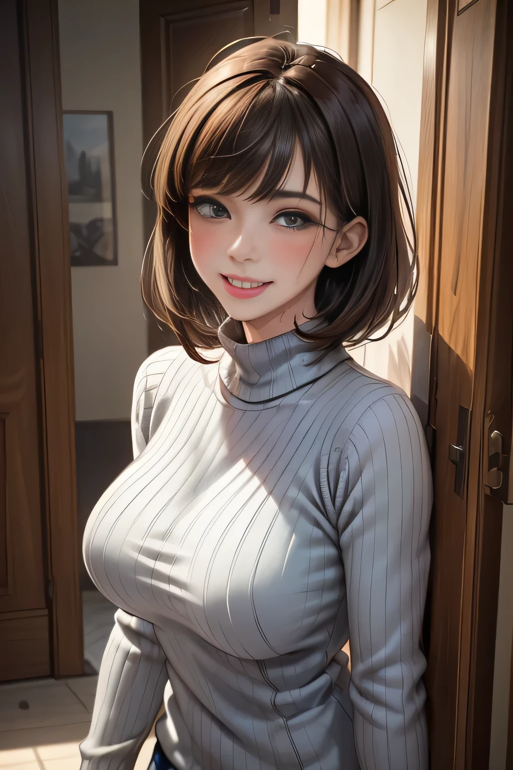 /(Modern house interior/), Only One Woman, Mature Woman, /(blue ribbed Sweater/), bangs, kind, Blushed Smile, (Top quality masterpiece:1.2) Delicate illustrations, Very detailed, Large Breasts、((Sweat,vapor,Vulgarity))、In front of the entrance door、visit、(Full Shot)),