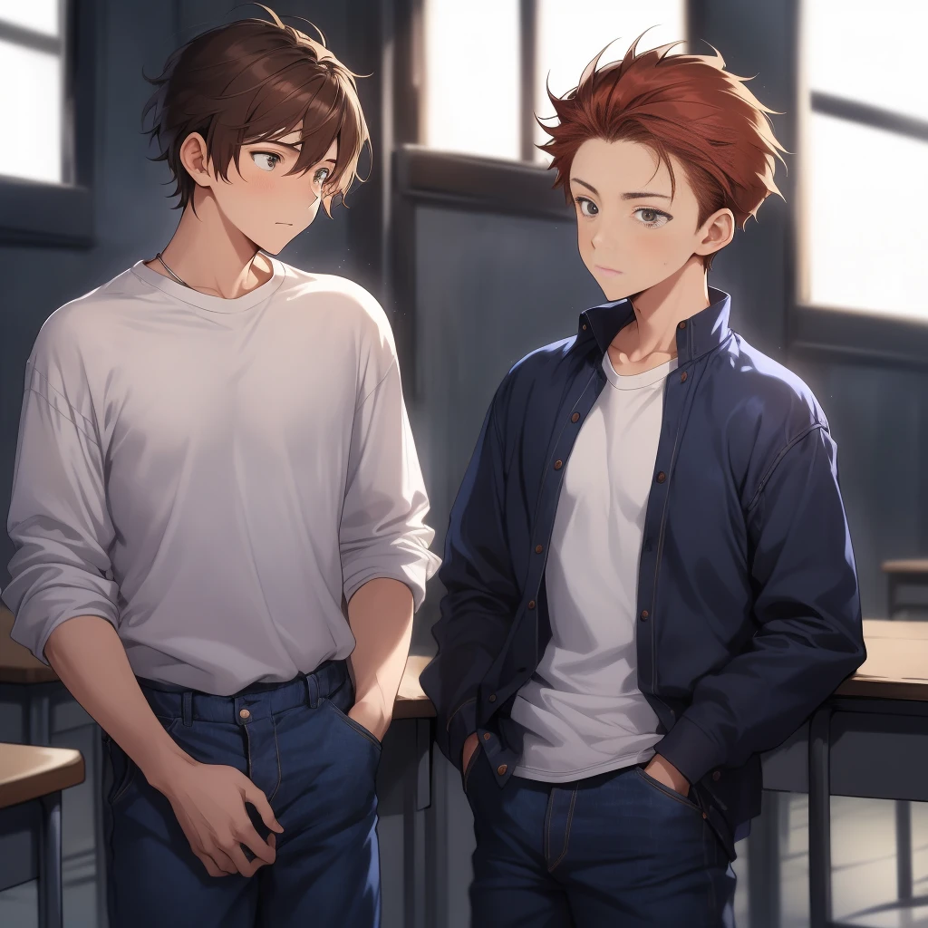 (artistry, best qualityer, ultradetailed, high resolution, 4K),(beautiful detailed eyes),(very highly detailed face),HDR, A beautiful 16 year old boy, brown colored hair, brown colored eyes, vestindo uma white t-shirt with a blue collar and blue jeans, He is talking to his friend A 16 year old red haired boy,  white t-shirt with a blue collar and blue jeans, He is in class telling a sad story to his best friend......