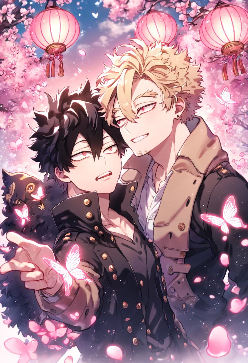 absurd resolution, high resolution, ultra detailed, detailed eyes, delicated features, extremely detailed, HDR, 8K, Hawks, ash-blonde hair, expressive golden brown eyes, Boku No Hero Academia, Megumi, black hair, messy hair, hair between the eyes,expressive red eyes, two sexy men together, yaoi, gay couple, handsome, brown coat with fur, black coat, fantasy, cool, magical, pink glittering butterflies, pink dust flying around, pink flowers, pink petals, pink lanterns, pink blossoms