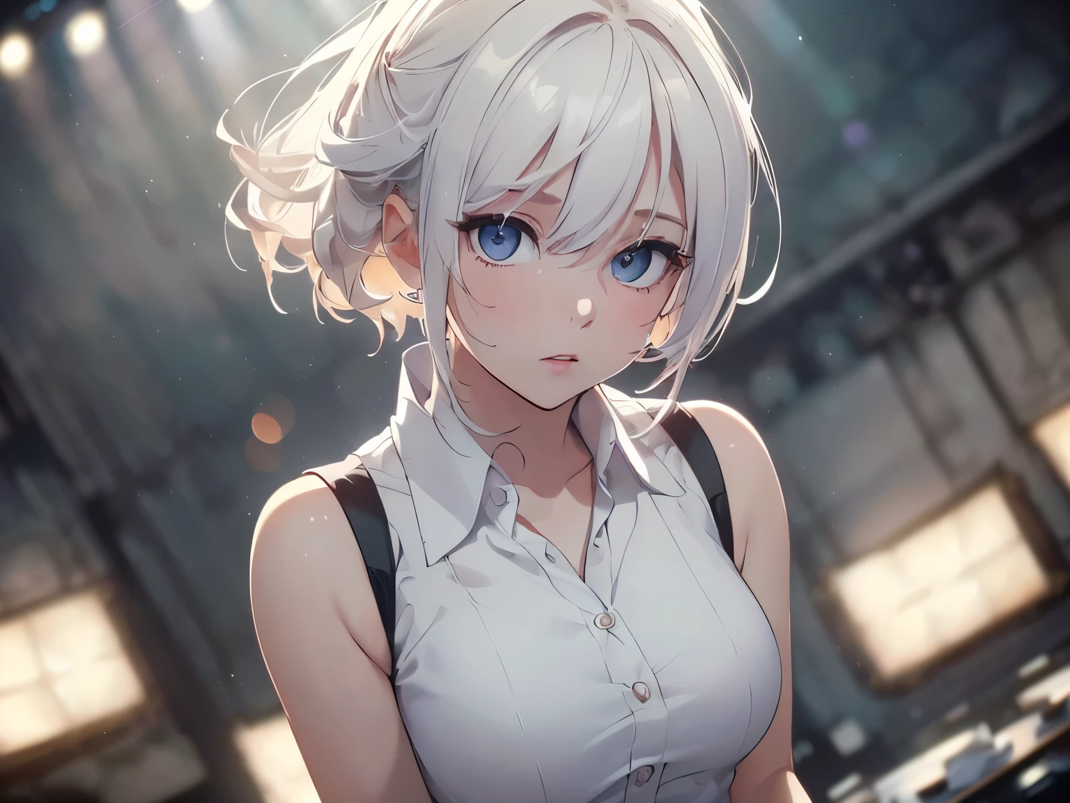 Highest quality, Ultra-high resolution, One Girl, sleeveless white button-up shirt, Black Skirt, cute,(Platinum Blonde Hair:1), ((Puffy eyes)), Show Viewer(Depth of Field HDR 8K 4K Wallpaper Cinematic Angle, Cinema Lighting,:1.5) (masterpiece, Highest quality:2.0),City Pop,Inside the cafe