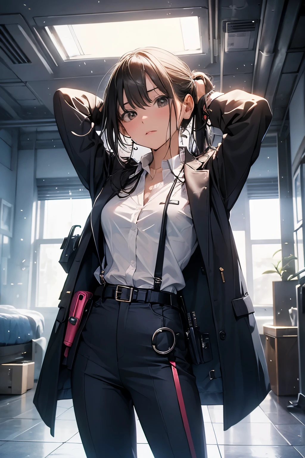 1 female, , high quality, masterpiece, Ultra-high resolution, , Cinema Lighting, , , And the suspenders with the cranes flying　　　Large Breasts　 　 　　　　Small face　 　　　holster　　　　　　　 Lying in bed　Looking up　　　　Sweat 　　　belt　summer　脇Sweat 　Black Hole Gloves　suit　shirt　　Black jacket　 Black trousers　Leg Links　ズボンにbelt　　holster　 　　Hands behind your back　 Anxious expression　Looking up　Anxious face, legs apart　Armament　Handgun　handcuffs　Cable ties　レッグholster　holster　See-through clothing　heavy rain　Getting wet in the rain