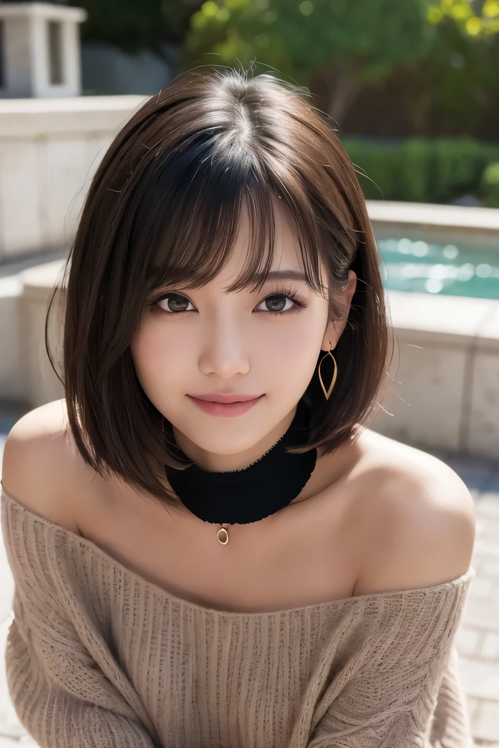 Highest quality, masterpiece, Ultra-high resolution, Realistic, 1 girl, Off the shoulder, knit, smile, smile, Slightly visible, Extra Large_sweater, Soft lighting, Detailed skin, bangs, Black Hair, Clear Eyes, Short Bob Hair, Transparency, Japan, Korean, Beautiful woman, Upward glance, Lip gloss, Black Thick Choker, Tears, Mole on chest, Eye highlights、nude、Blowjob