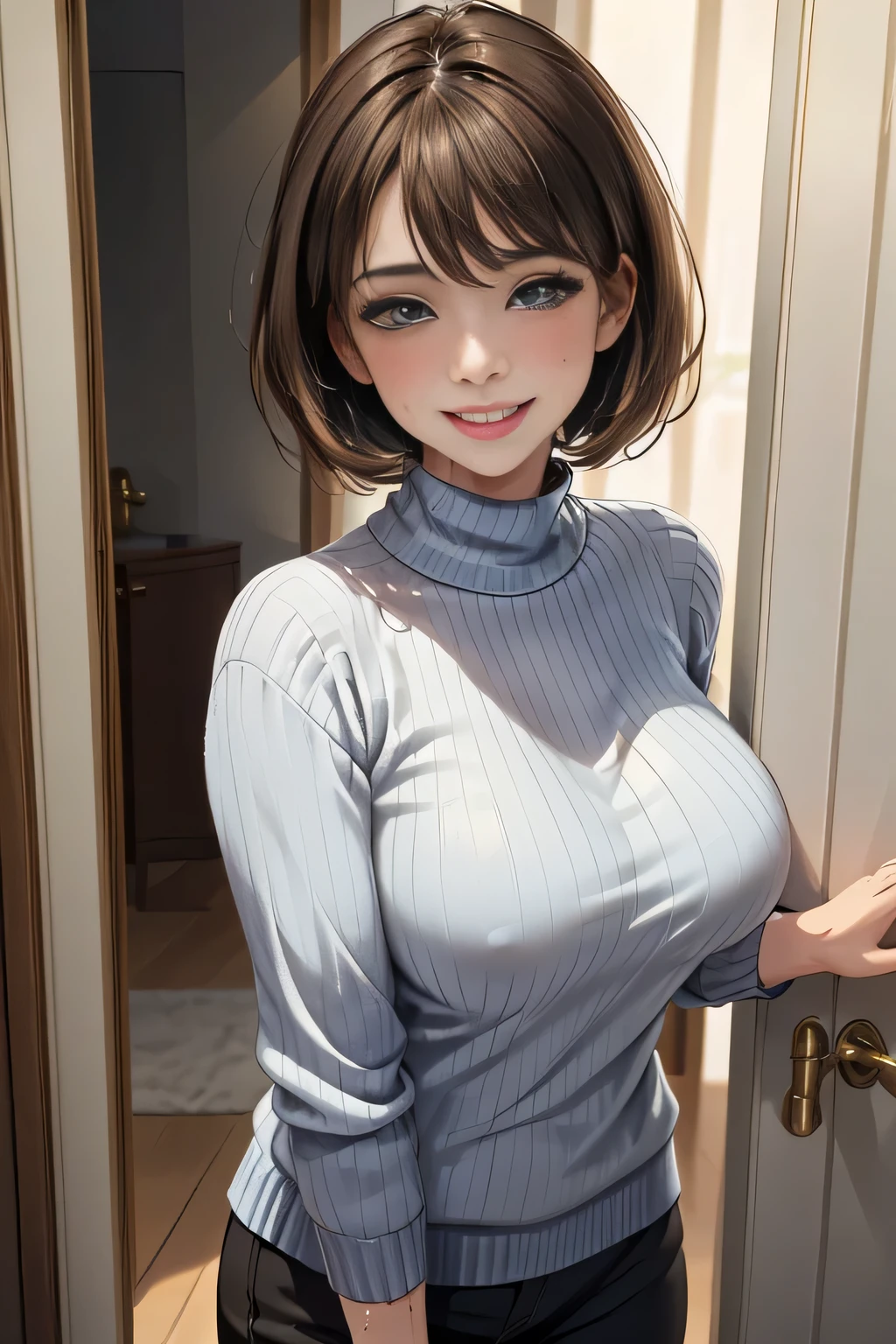 /(Modern house interior/), Only One Woman, Mature Woman, /(blue ribbed Sweater/), bangs, kind, Blushed Smile, (Top quality masterpiece:1.2) Delicate illustrations, Very detailed, Large Breasts、((Sweat,vapor,Vulgarity))、In front of the entrance door、visit、(Full Shot)),