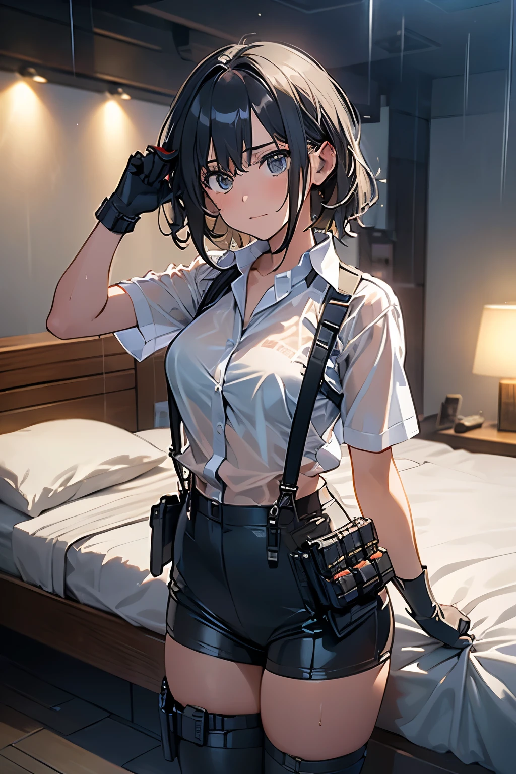 1 female, , high quality, masterpiece, Ultra-high resolution, , Cinema Lighting, , , And the suspenders with the cranes flying　　　Large Breasts　 　 　　　　Small face　 　　　holster　　　　　　　 Lying in bed　Looking up　　　　Sweat 　　　belt　summer　脇Sweat 　Black Hole Gloves　suit　shirt　　Black jacket　 Black trousers　Leg Links　ズボンにbelt　　holster　 　　Hands behind your back　 Anxious expression　Looking up　Anxious face, legs apart　Armament　Handgun　handcuffs　Cable ties　レッグholster　holster　See-through clothing　heavy rain　Getting wet in the rain