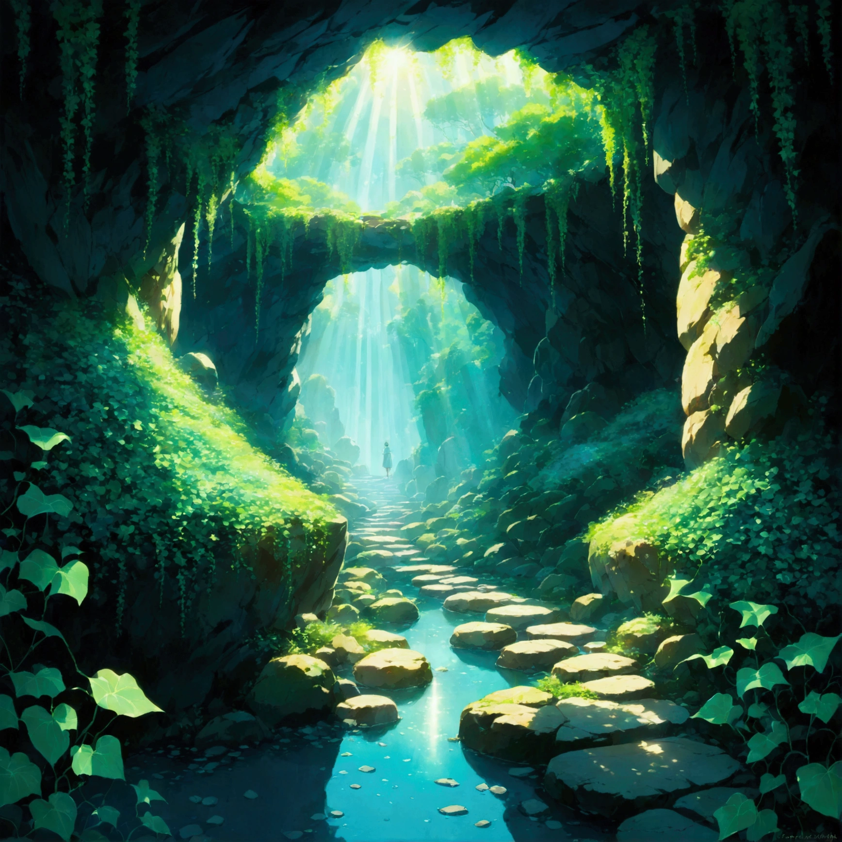 Laputaの巨石が作り出す、mysteriousな雰囲気のcave。From the ceiling、Ivy plantsが垂れ下がり、The dignity of an ancient civilization is in the air.。caveの奥、Warm light and、stepping stonesが発する、mysteriousなCyan Lightが交差している。The scenes unfold as if they were cut out of an adventure.。美しいAnime Scenery, Landscape painting, Beautiful digital painting, Andreas Rocha, Beautiful artwork illustration, Awesome Wallpapers, Raymond Han, Tall beautiful paintings, Studio Ghibli Makoto Shinkai, Beautiful Wallpapers, Anime Scenery, cave, stepping stones, Cyan Light, Laputa, mysterious, Humans don't draw, Ivy plants, Light and Darkness
