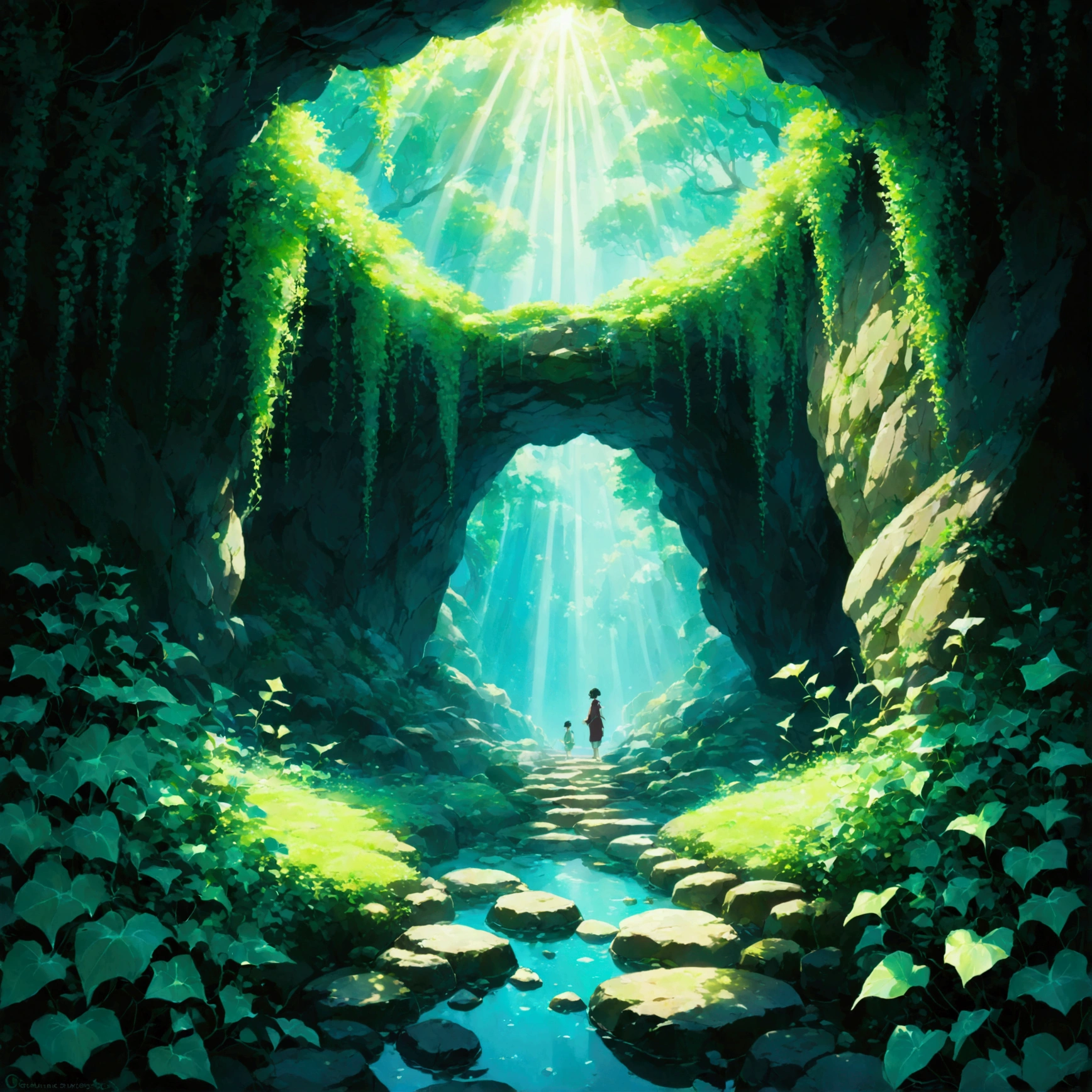 Laputaの巨石が作り出す、mysteriousな雰囲気のcave。From the ceiling、Ivy plantsが垂れ下がり、The dignity of an ancient civilization is in the air.。caveの奥、Warm light and、stepping stonesが発する、mysteriousなCyan Lightが交差している。The scenes unfold as if they were cut out of an adventure.。美しいAnime Scenery, Landscape painting, Beautiful digital painting, Andreas Rocha, Beautiful artwork illustration, Awesome Wallpapers, Raymond Han, Tall beautiful paintings, Studio Ghibli Makoto Shinkai, Beautiful Wallpapers, Anime Scenery, cave, stepping stones, Cyan Light, Laputa, mysterious, Humans don't draw, Ivy plants, Light and Darkness