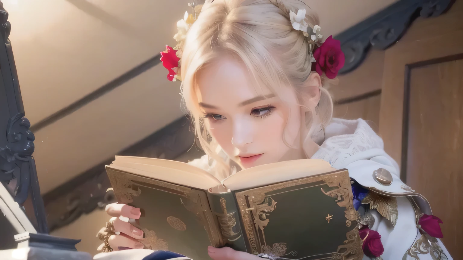 ((masterpiece, best quality, official art, extremely detailed CG unity 8k wallpaper)), A blonde Asian girl with vintage pretty jewelry, tears in her eyes, a little sad, left hand on a book on the table, wearing a white lace dress and black lace stockings, sitting in a vintage cafe drinking coffee and looking out the window at the rain. Tindal light, light sunlight, medium format, smoke, film texture