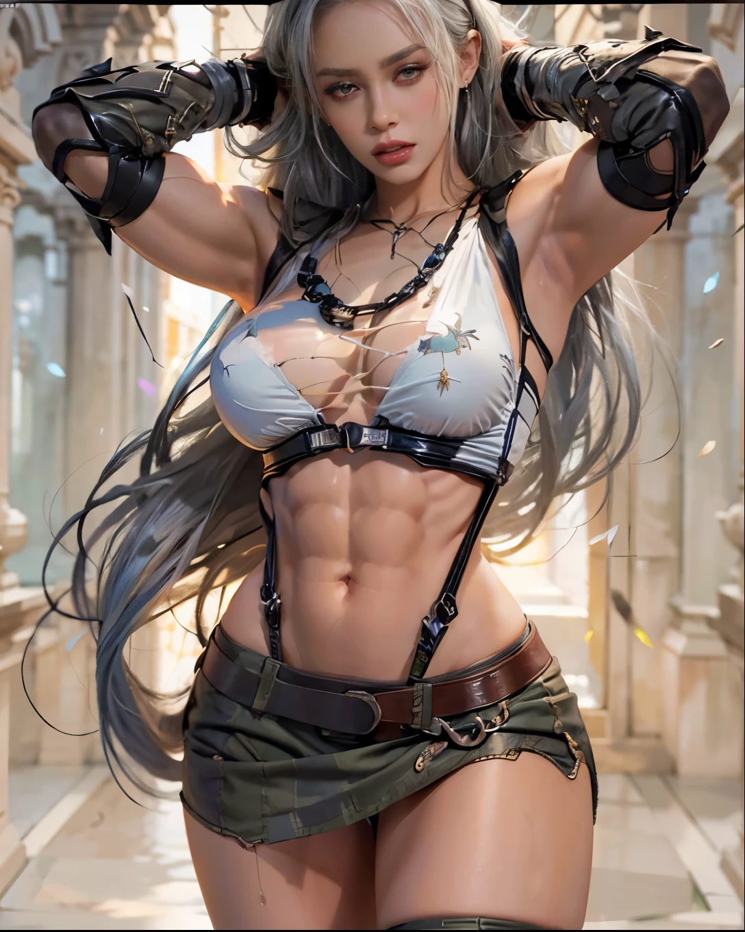 Eleven, silver-haired, muscled body, sensuous,breasts showing, Transparent robe, perfect legs correct anatomy,epic fantasy digital art,Masterpiece artwork,8k,High definition resolution,detailed drawing,high qulity,, epic composition,