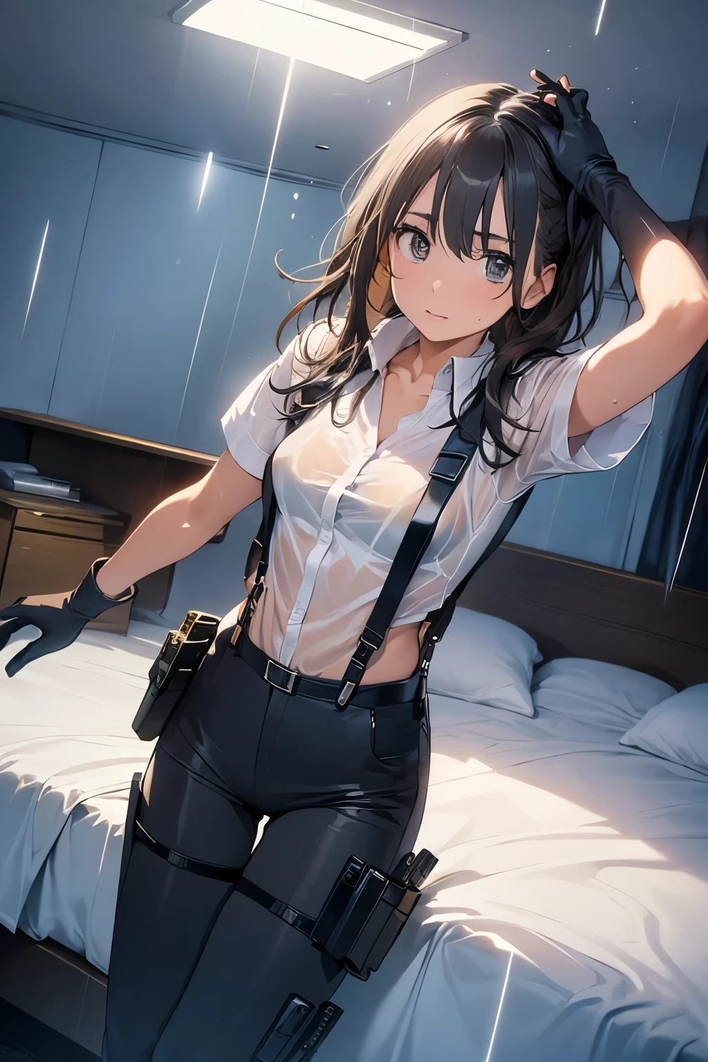 1 female, , high quality, masterpiece, Ultra-high resolution, , Cinema Lighting, , , And the suspenders with the cranes flying　　　Large Breasts　 　 　　　　Small face　 　　　holster　　　　　　　 Lying in bed　Looking up　　　　Sweat 　　　belt　summer　脇Sweat 　Black Hole Gloves　suit　shirt　　Black jacket　 Black trousers　Leg Links　ズボンにbelt　　holster　 　　Hands behind your back　 Anxious expression　Looking up　Anxious face, legs apart　Armament　Handgun　handcuffs　Cable ties　レッグholster　holster　See-through clothing　heavy rain　Getting wet in the rain
