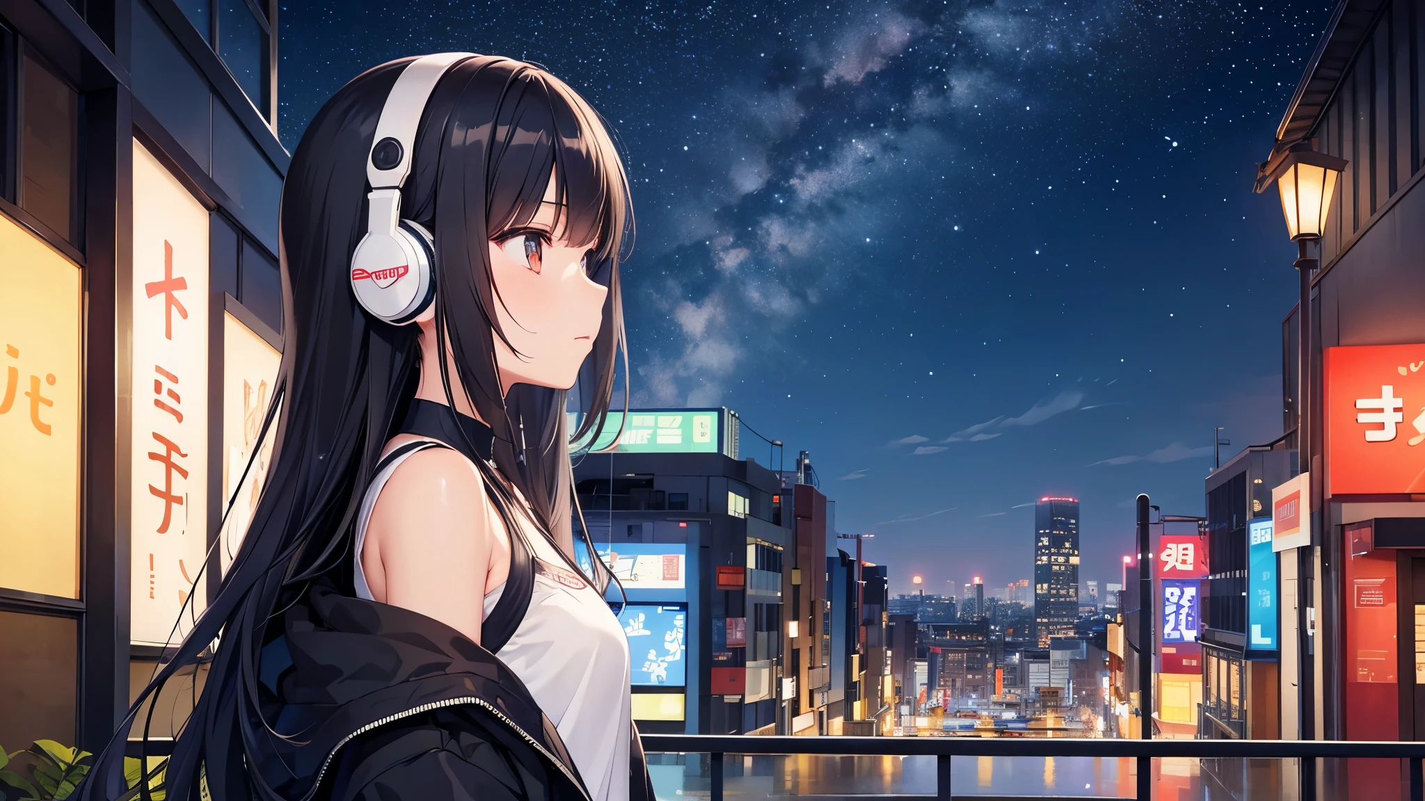 Abeno Harukas is the setting。A young girl with black hair wearing stylish clothes and headphones labeled "lo-fi" The girl is shown in profile, gazing into the distance with a calm, relaxed expression Background depicts the iconic scenery of Namba, Osaka at night, without any text on signs A starry night sky adding to the peaceful atmosphere Overall mood is quiet and serene, perfect for lo-fi music Detailed hair rendering and careful attention to the girl's fashionable outfit The entire scene should evoke a relaxing, introspective feeling associated with lo-fi music