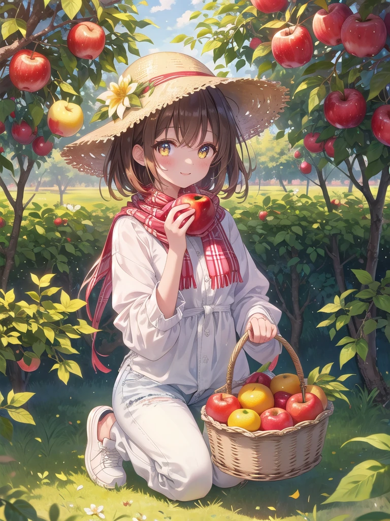 ((8k, best quality, master piece: 1.3)),super high resolution,(1 girl, solo), (colorshift eyes, hyperdetailed, expressive sparkling, glitter, glowing eyes), ultra detailed eyes, ultra-detailed face, random hair, ((pastel color)),A woman picking fruit. The background is a spacious orchard, with lush trees and colorful fruits hanging from the lush leaves. The sky is clear and the soft sunlight envelops the entire orchard, creating a bright and refreshing atmosphere. Grass is growing on the ground of the orchard, and small flowers are blooming here and there. The woman is dressed casually and easily moved around, and appears to be enjoying fruit picking. She is wearing a white blouse, thin denim shorts, and lightweight sneakers. The sleeves of the blouse are slightly rolled up and a small scarf is tied around her neck. A red handkerchief is visible in the pocket of the shorts, and there are some dirt marks on the sneakers. Her outfit is simple, yet refreshing and bright. Her shoulder-length brown hair is lightly curled and blowing in the wind. Her hair is decorated with a pretty flower, brightening her face. Her expression is lively, and she is smiling as she picks the fruit. Her eyes are sparkling, and you can tell she is enjoying the nature of the orchard.
She is holding a small basket in her hand, which contains some fresh fruit. The basket contains red apples, oranges, yellow lemons, and other colorful fruits, and the shot is a full-body shot that shows her whole body. She is slightly crouching in the orchard, reaching out her hand to pick the fruit. The orchard trees and sky are depicted in the background, and her figure in nature blends beautifully.