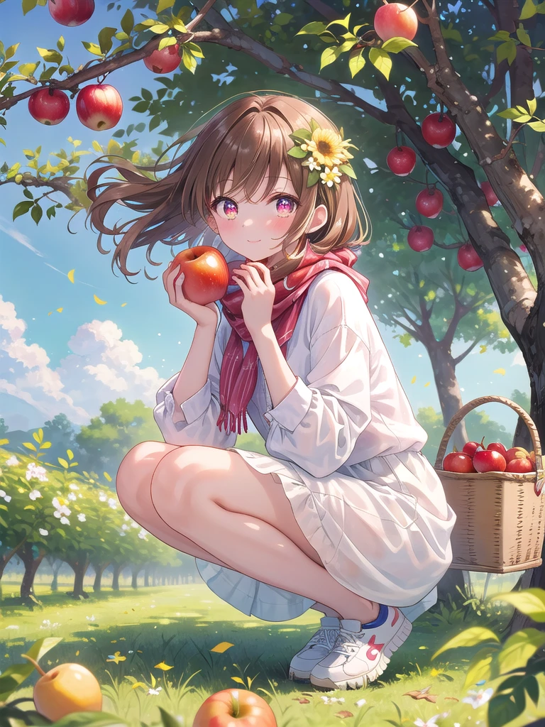 "Create an illustration of a cute, cartoonish young girl with dark, wavy hair and bangs. She is joyfully sitting on top of a large, shiny red cherry, wearing a light, flowy white dress and a wide-brimmed straw hat. The girl has a big smile with her eyes closed, radiating happiness. The scene should have a soft, warm color palette, evoking a bright, cheerful, and summery atmosphere with a whimsical touch."