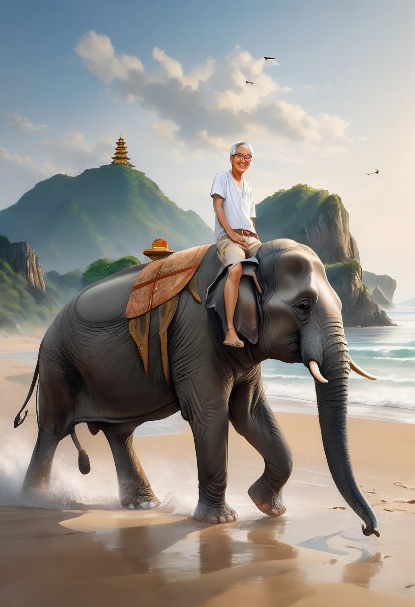 realistic, (highest quality: 1.4), (raw photo), (photo realism: 1.2), glossy skin, detailed skin, detailed face, detailed eyes, ankle, A 60-year-old Japanese man wearing a white T-shirt, light brown trousers and a light brown vest is smiling and enjoying himself astride an elephant with the sandy beach in the background, ankle, bare legs, hand on own thighs, in the noon, fine weather, beautiful grey hair, short hair, glasses, (bespectacled), (Trucker Hat), (masterpiece), (8k), high details, makes an aesthetic, one hand on hip,sit,beautiful black eyes,standard body