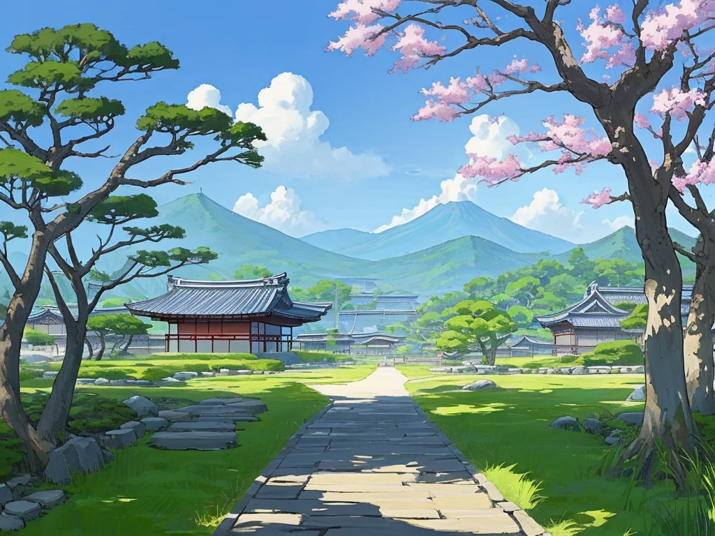 Ancient japanese village, path view, peaceful, anime, noon, blue sky, tree