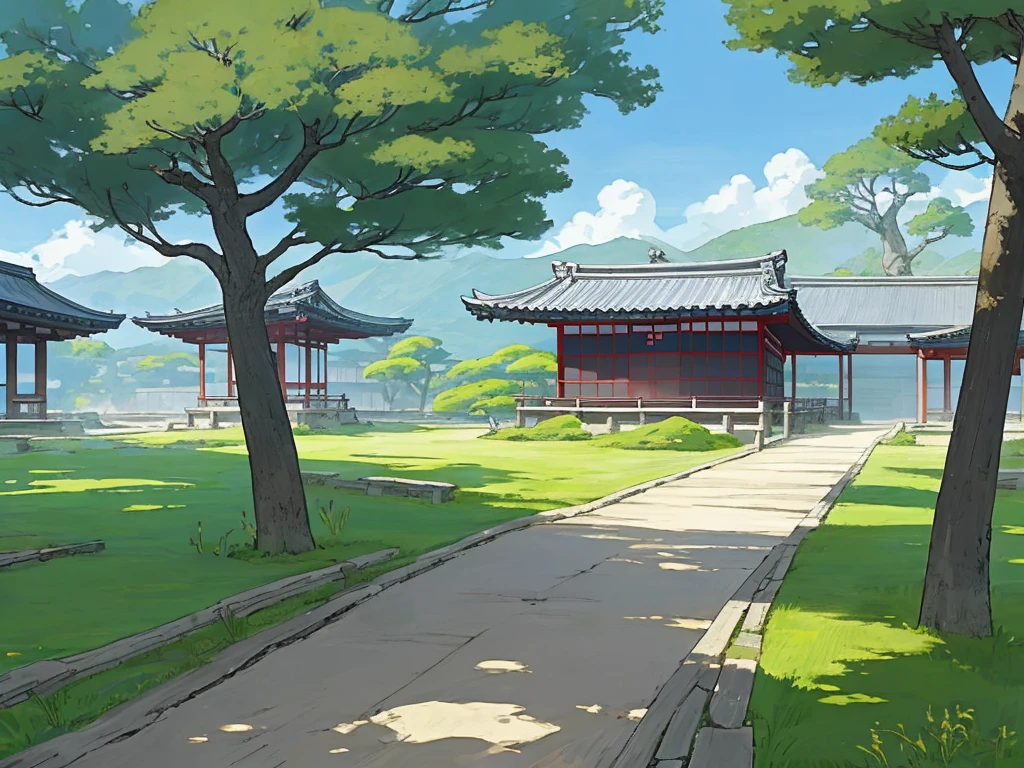 Ancient japanese village, path view, peaceful, anime, noon, blue sky, tree
