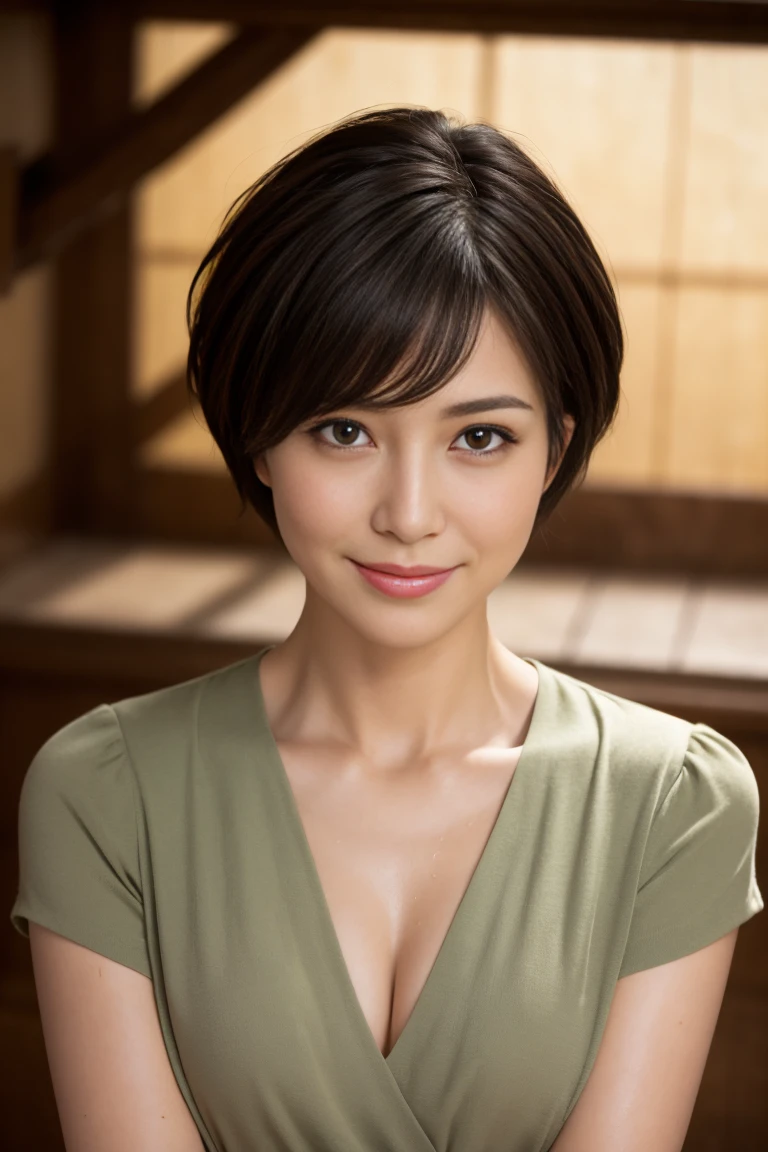 8K, highest quality, masterpiece, realistic, Photoreal, Super detailed, Natural light, Medium chest, I can see the cleavage, 1 Japanese woman, 35 years old, black hair, short hair, (Look up at the viewer from below), nsfw,nude,wet bodyhighly detailed face and skin, highly detailed eyes, highly detailed face and skin,(pixie cut:1.2),smile