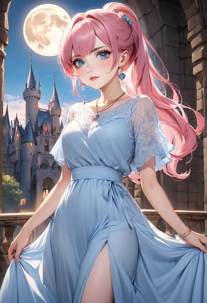 1 female Pink hair ponytail Thin pink eyebrows Dull light blue eyes society Pastel blue long dress Inside the castle full moon hair ornaments Earrings and matching necklace