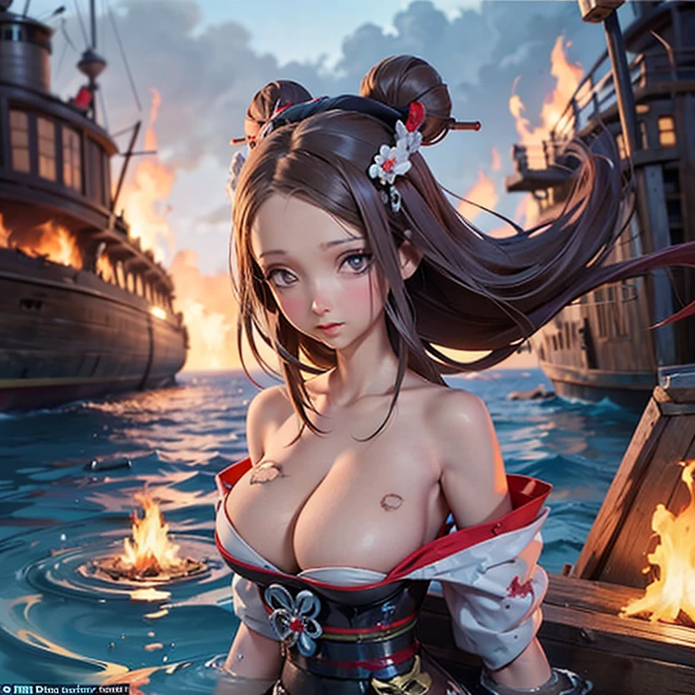 A cute woman (battered and a little bruised, damaged disheveled Geisha outfit), floating on the surface of the water, burning debris of a wooden ship all around her
