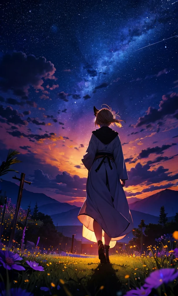 １people々々々々々々々々々々々々々々々々々々,Woman with medium length blonde hair，Fox Ears，Long coat，Takageta， Dress Silhouette， Rear View，Space Sky, Flower Field，Colorful flowers，Dancing Petals，full moon，shrine，