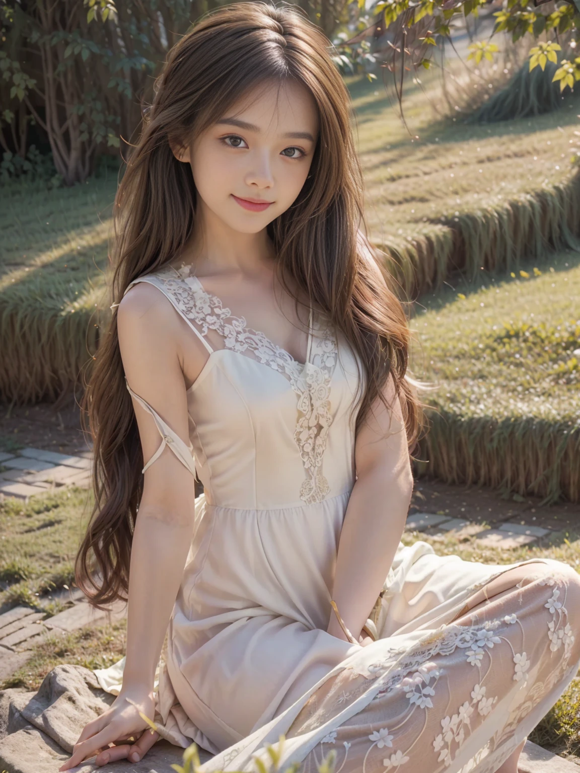A stunning portrait of a beautiful young woman with long, wavy brown hair and clear blue eyes, wearing a flowing white dress with intricate lace details. She is walking gracefully through a lush green park during the golden hour, with warm sunlight filtering through the trees, casting a soft, golden glow on her face and creating intricate shadows on the ground. The background is filled with vibrant flowers and greenery, slightly blurred to enhance the focus on her. Gentle rays of sunlight pierce through the foliage, creating dappled light effects on her dress and the surrounding environment. The scene has a natural bokeh effect, with light particles floating in the air, adding a magical touch. Her smile is gentle and serene as she glances to the side, holding a small bouquet of wildflowers. The lighting is natural and soft, highlighting her features and adding depth to the image, making it appear almost photorealistic.