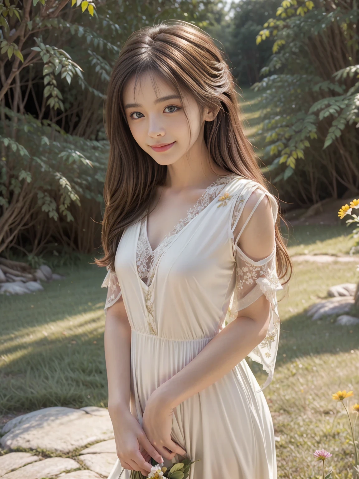 A stunning portrait of a beautiful young woman with long, wavy brown hair and clear blue eyes, wearing a flowing white dress with intricate lace details. She is walking gracefully through a lush green park during the golden hour, with warm sunlight filtering through the trees, casting a soft, golden glow on her face and creating intricate shadows on the ground. The background is filled with vibrant flowers and greenery, slightly blurred to enhance the focus on her. Gentle rays of sunlight pierce through the foliage, creating dappled light effects on her dress and the surrounding environment. The scene has a natural bokeh effect, with light particles floating in the air, adding a magical touch. Her smile is gentle and serene as she glances to the side, holding a small bouquet of wildflowers. The lighting is natural and soft, highlighting her features and adding depth to the image, making it appear almost photorealistic.