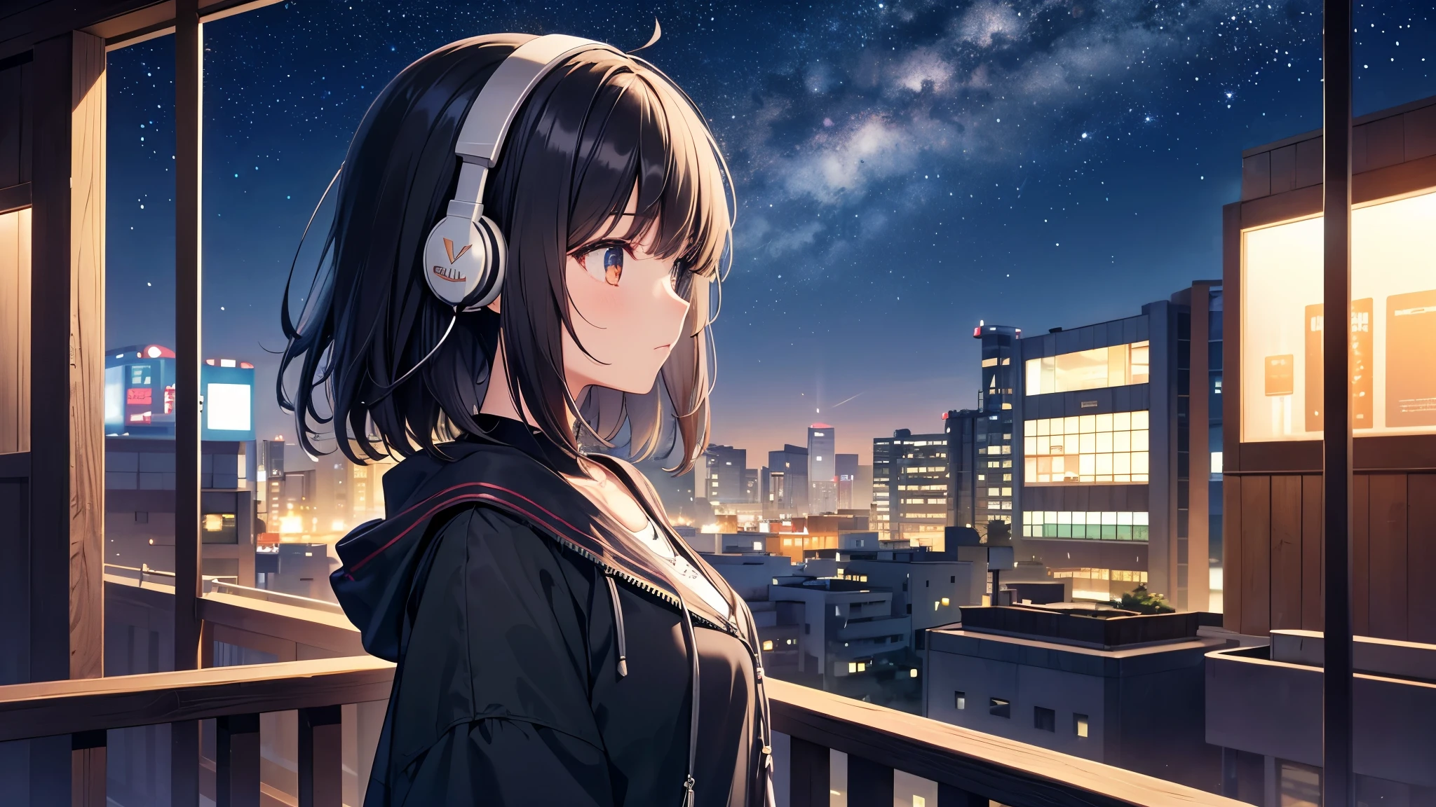 Abeno Harukas is the setting。A young girl with black hair wearing stylish clothes and headphones labeled "lo-fi" The girl is shown in profile, gazing into the distance with a calm, relaxed expression Background depicts the iconic scenery of Namba, Osaka at night, without any text on signs A starry night sky adding to the peaceful atmosphere Overall mood is quiet and serene, perfect for lo-fi music Detailed hair rendering and careful attention to the girl's fashionable outfit The entire scene should evoke a relaxing, introspective feeling associated with lo-fi music