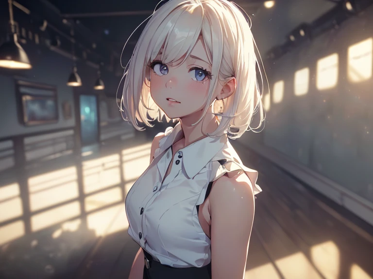Highest quality, Ultra-high resolution, One Girl, sleeveless white button-up shirt, Black Skirt, cute,(Platinum Blonde Hair:1), ((Puffy eyes)), Show Viewer(Depth of Field HDR 8K 4K Wallpaper Cinematic Angle, Cinema Lighting,:1.5) (masterpiece, Highest quality:2.0),City Pop,Inside the cafe