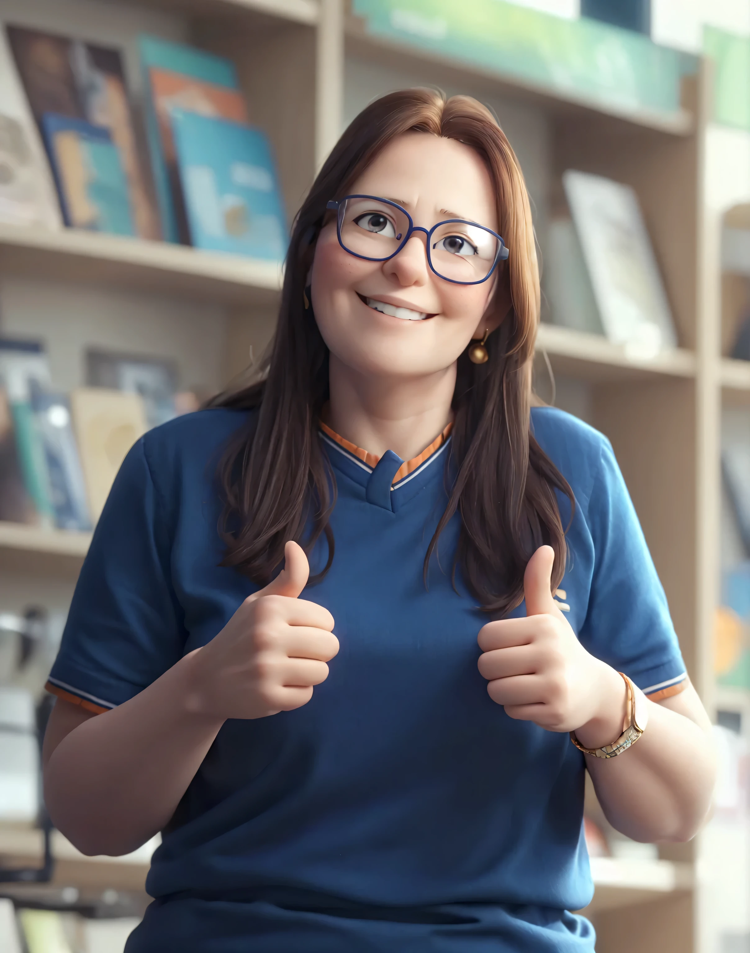 Caucasian female, middle-age, chestnut hair, Eyeglasses, smiling, staring at the camera. Hands making cool sign, Blue shirt with orange details.
