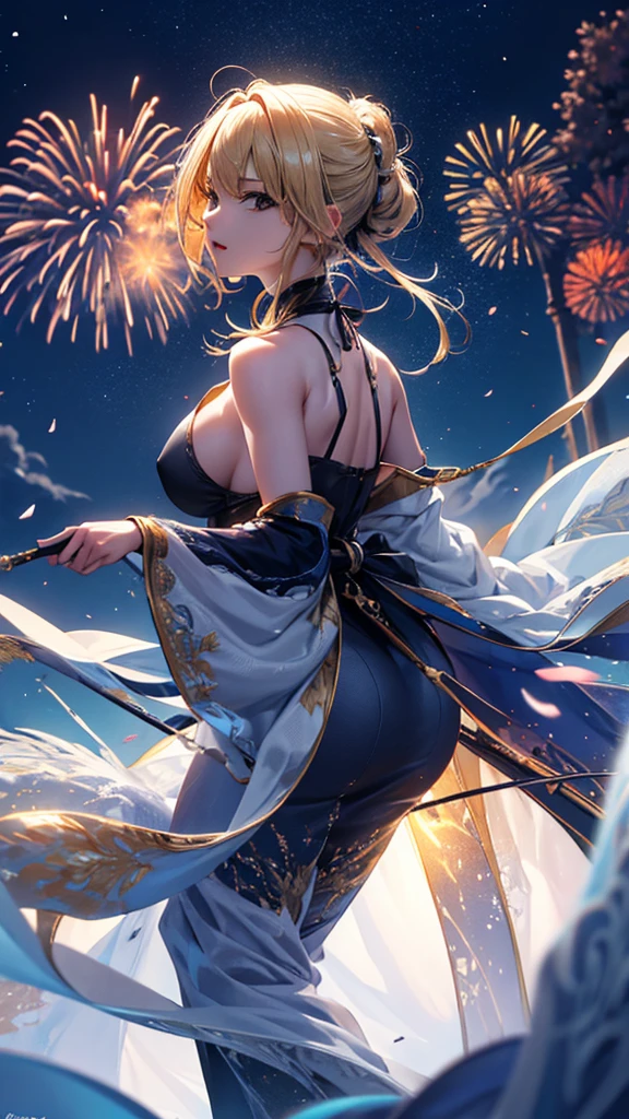 masterpiece, high quality, 4K, Beautiful design, silhouette,blonde, 非常に詳細な夜のStarry Sky,Cold ice world, wonderful, Finer details, Very knowledgeable woman, Highly detailed solo, 1 female,Big Breasts,Butt Emphasis,High-neck dress,Sleeveless,Night view,Starry Sky,full moon,How to sit,firework,