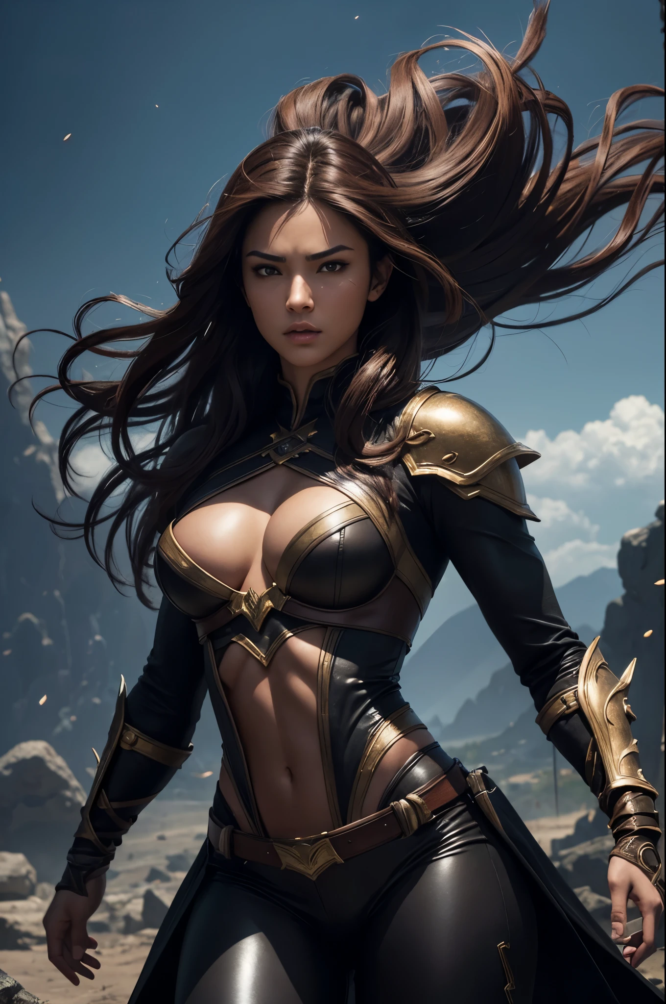 8k,Brown-haired ethnic female demon slayer,Super Beauty(Like the real thing),Sexy Demon Slayer Costumes,Toned Up, Muscular body,Perfect Anatomy,charm,Volume measurement,Body balance,Digital single-lens reflex camera, Soft lighting, Detailed Background, Written boundary depth, Volumetric lighting, Sharp focus,  Realistic proportions, Excellent anatomy, (Realistic, 超Realistic:1.4),  dawn,Ultra-high resolution,super beautiful expression,Fantasy art,Character Art,Wind effects:1.9、Cloud Effect:1.2、Full Rendering、Professional quality high resolution、Perfect contrast、Perfect lighting、Perfect composition、Perfect Fingers、Perfect breasts、Perfect Hair、Perfect Face、Realistic facial features,Highest quality,Slim figure,Perfect body line,Perfect hand shape,Anatomical Body Balance,Highly detailed face,Highly detailed eyes,Beautiful Lips,Excellent light particles,Cinema Lighting,compensate,Ultra-Realistic Skin,Muscle Body,Hard and strong abdominal muscles,Combat trousers,Battle Costume,Angry expression,Ready for battle,Releases energy,Black leather coat,Muscular Beauty,Dynamic fighting pose,Uplifting,Hero Landing,