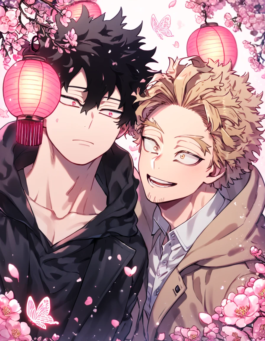 absurd resolution, high resolution, ultra detailed, detailed eyes, delicated features, extremely detailed, HDR, 8K, Hawks, ash-blonde hair, expressive golden eyes, Boku No Hero Academia, Megumi, black hair, messy hair, expressive red eyes, two sexy men together, yaoi, gay couple, handsome, brown coat with fur, black coat, fantasy, cool, magical, pink glittering butterflies, pink dust flying around, pink flowers, pink petals, pink lanterns, pink blossoms