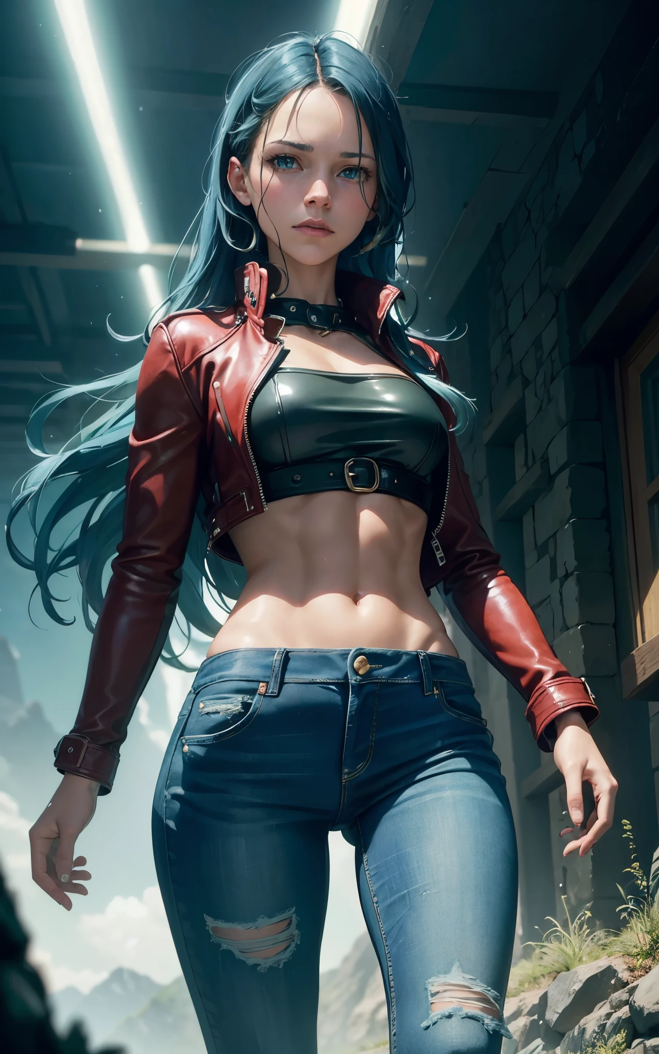 (Alicia Vikander:Evangeline Lilly), green light, glowing eyes, pov below, wind,, masterpiece, best quality, 1girl, cool, serious, medium breasts, long hair, blue hair, red leather jacket, crop top, tight jeans, green eyes, abs