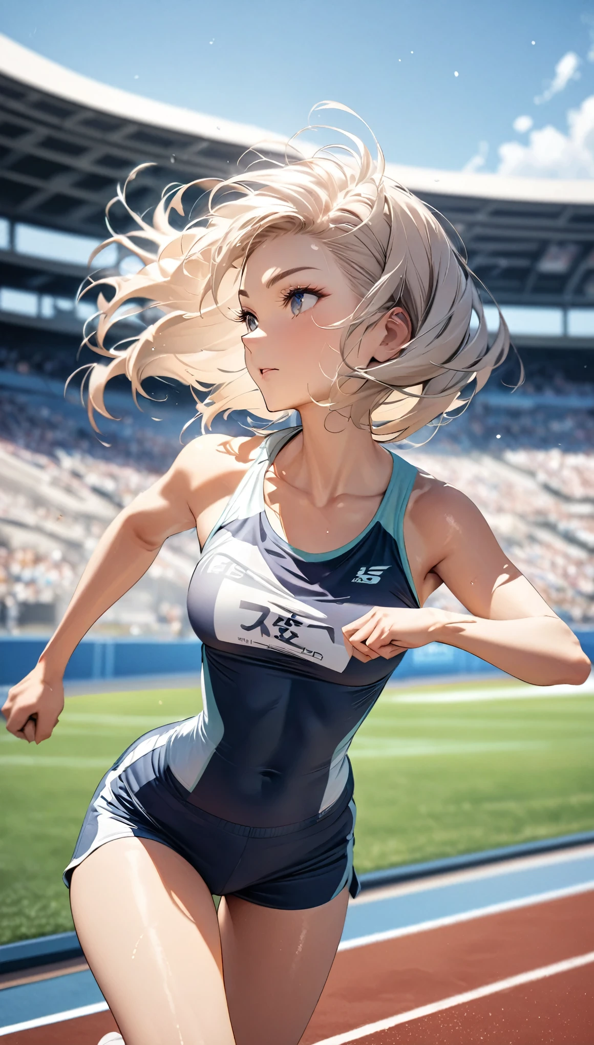 Athletics, Sportswear, Shorts, In detail, High resolution, high quality、Perfect dynamic composition, Beautiful attention to detail, Medium Hair, Natural color lip, Track and field 1 girl, Clear Skin, Shiny Hair, masterpiece:1.2, The correct state of the human body, runner, Running pose,Beautiful sunlight,Stadium,Photograph of hair fluttering in the wind,Tight body lines:1.3, athlete, Positive Energy, Calm background, A nurturing presence, High resolution, Correct Perspective 1.1, 