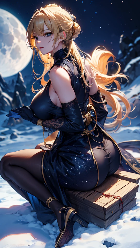 masterpiece, high quality, 4K, Beautiful design, silhouette,blonde, 非常に詳細な夜のStarry Sky,Cold ice world, wonderful, Finer details, Very knowledgeable woman, Highly detailed solo, 1 female,Big Breasts,Butt Emphasis,High-neck dress,Sleeveless,Night view,Starry Sky,full moon,How to sit,firework,