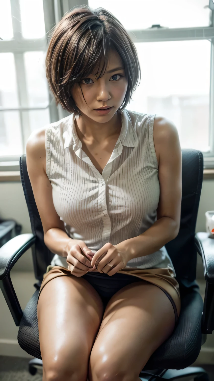 (Japan Office、Woman sitting on chair:1.2、Office worker at work)、((White blouse、Tight skirt:1.5、Put on stockings)、the wind is strong、(Realistic、Like a photograph、Live Action、8k, Realistic, RAW Photos, Best image quality: 1.4), Single-lens reflex camera、RAW Photos, Highest quality, Realistic, Highly detailed CG Unity 8k wallpaper, Written boundary depth, Cinematic Light, Lens flare, Ray Tracing, Realistic background、((ultra high density skin))、 23-year-old woman、Cute Japanese Office Lady、(whole body:1.5)、Very detailedな顔，avert your eyes:1.1、(short hair:1.2、Shortcuts:1.4)、I like that style、stylish、Very detailed、Pay attention to the details、Perfect outfit、(Sunburned skin)、Front view、Accurate hands、Accurate legs、Detailed hands and fingers、Anatomically correct body、Thin legs、Thin thighs、Large Breasts、Super detailed face