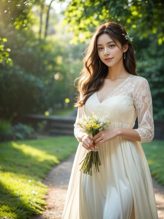 A stunning portrait of a beautiful young woman with long, wavy brown hair and clear blue eyes, wearing a flowing white dress with intricate lace details. She is walking gracefully through a lush green park during the golden hour, with warm sunlight filtering through the trees, casting a soft, golden glow on her face and creating intricate shadows on the ground. The background is filled with vibrant flowers and greenery, slightly blurred to enhance the focus on her. Gentle rays of sunlight pierce through the foliage, creating dappled light effects on her dress and the surrounding environment. The scene has a natural bokeh effect, with light particles floating in the air, adding a magical touch. Her smile is gentle and serene as she glances to the side, holding a small bouquet of wildflowers. The lighting is natural and soft, highlighting her features and adding depth to the image, making it appear almost photorealistic.