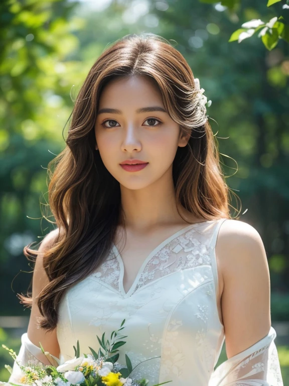 A stunning portrait of a beautiful young woman with long, wavy brown hair and clear blue eyes, wearing a flowing white dress with intricate lace details. She is walking gracefully through a lush green park during the golden hour, with warm sunlight filtering through the trees, casting a soft, golden glow on her face and creating intricate shadows on the ground. The background is filled with vibrant flowers and greenery, slightly blurred to enhance the focus on her. Gentle rays of sunlight pierce through the foliage, creating dappled light effects on her dress and the surrounding environment. The scene has a natural bokeh effect, with light particles floating in the air, adding a magical touch. Her smile is gentle and serene as she glances to the side, holding a small bouquet of wildflowers. The lighting is natural and soft, highlighting her features and adding depth to the image, making it appear almost photorealistic.