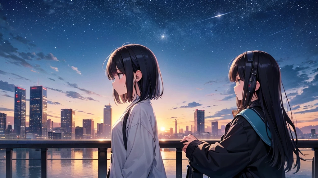 A place where you can see Abeno Harukas。A young girl with black hair wearing stylish clothes and headphones labeled "lo-fi" The girl is shown in profile, gazing into the distance with a calm, relaxed expression Background depicts the iconic scenery of Namba, Osaka at night, without any text on signs A starry night sky adding to the peaceful atmosphere Overall mood is quiet and serene, perfect for lo-fi music Detailed hair rendering and careful attention to the girl's fashionable outfit The entire scene should evoke a relaxing, introspective feeling associated with lo-fi music