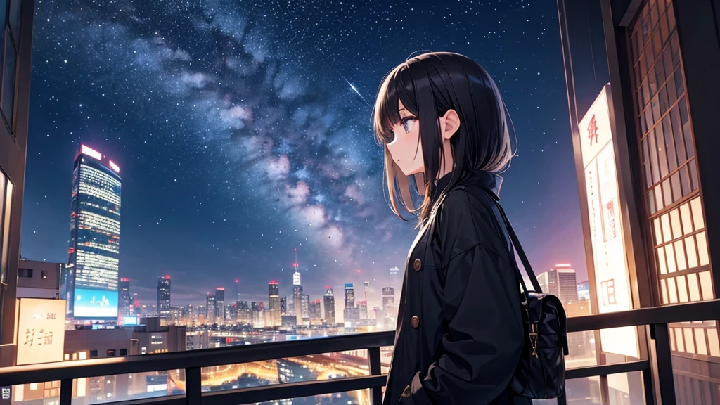 A place where you can see Abeno Harukas。A young girl with black hair wearing stylish clothes and headphones labeled "lo-fi" The girl is shown in profile, gazing into the distance with a calm, relaxed expression Background depicts the iconic scenery of Namba, Osaka at night, without any text on signs A starry night sky adding to the peaceful atmosphere Overall mood is quiet and serene, perfect for lo-fi music Detailed hair rendering and careful attention to the girl's fashionable outfit The entire scene should evoke a relaxing, introspective feeling associated with lo-fi music