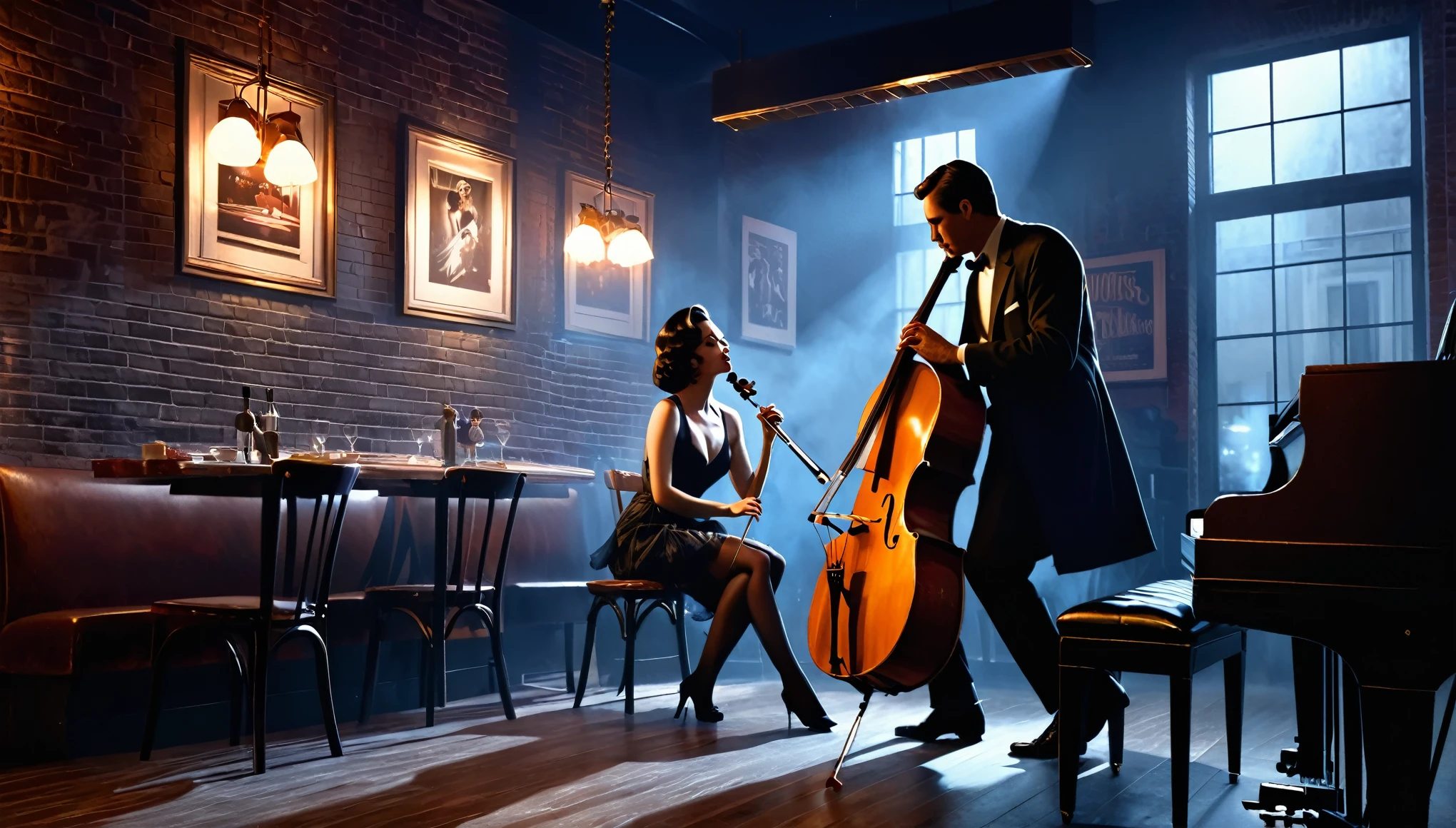 Interior of a very smoky vintage Parisian jazz club at night, The soft light of the pendant light、A man playing the cello and a seductive woman playing the piano。, Brick wall decorated with rhythmic shadow playing, A tranquil and enchanting atmosphere, 3D Rendering, To create a realistic yet fantastical scene、Diner scene with detailed textures and lighting, film noir jazz bar, drawn in a neo - noir style, neo - noir style, Neo-Noir Setting, neo noir style, inspired by f.. scott hess, Thomas Dalziel, film noir realistic, inspired by f. scott hess CFGスケール