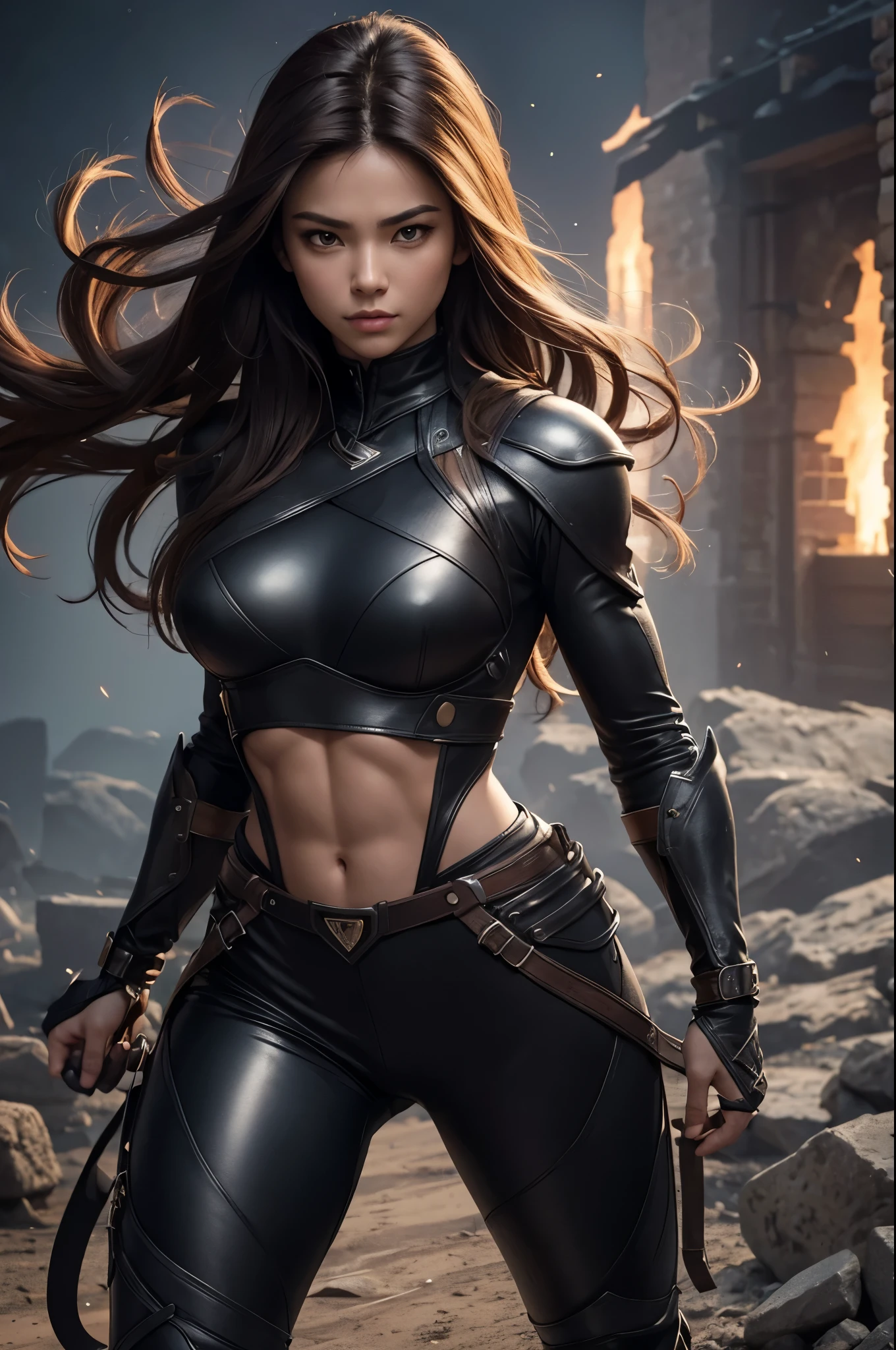 8k,Brown-haired ethnic female demon slayer,Super Beauty(Like the real thing),Sexy Demon Slayer Costumes,Toned Up, Muscular body,Perfect Anatomy,charm,Volume measurement,Body balance,Digital single-lens reflex camera, Soft lighting, Detailed Background, Written boundary depth, Volumetric lighting, Sharp focus,  Realistic proportions, Excellent anatomy, (Realistic, 超Realistic:1.4),  dawn,Ultra-high resolution,super beautiful expression,Fantasy art,Character Art,Wind effects:1.9、Cloud Effect:1.2、Full Rendering、Professional quality high resolution、Perfect contrast、Perfect lighting、Perfect composition、Perfect Fingers、Perfect breasts、Perfect Hair、Perfect Face、Realistic facial features,Highest quality,Slim figure,Perfect body line,Perfect hand shape,Anatomical Body Balance,Highly detailed face,Highly detailed eyes,Beautiful Lips,Excellent light particles,Cinema Lighting,compensate,Ultra-Realistic Skin,Muscle Body,Hard and strong abdominal muscles,Combat trousers,Battle Costume,Angry expression,Ready for battle,Releases energy,Black leather coat,Muscular Beauty,Dynamic fighting pose,Uplifting,Hero Landing,