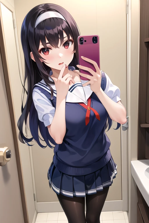 masterpiece, best quality, highres, aautaha, long hair, black hair, hairband, , sailor collar, sweater vest, blue sweater, white shirt, short sleeves, pleated skirt, blue skirt, (black pantyhose:1.2), selfie in mirror, bathroom,